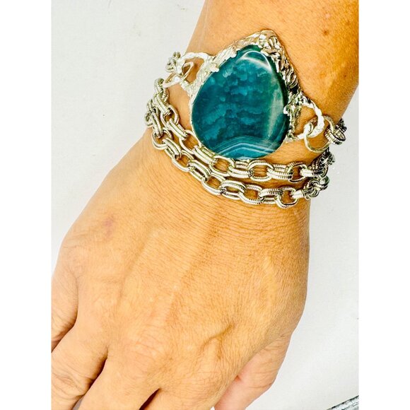 Indian Moss Agate Gemstone Artisan Pendant Necklace/Bracelet Silver Blend Frame - Picture 4 of 16